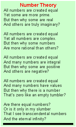 Text Box: Number Theory  All numbers are created equal  Yet some are more prime.  But then why some are real  And others are truly imaginary?    All numbers are created equal  Yet all numbers are complex.  But then why some numbers   Are more rational than others?    All numbers are created equal  And many numbers are integral  But then why some are positive  And others are negative?    All numbers are created equal  And many numbers have values  But then why there is a number  That’s zero like an empty tumbler?    Are there equal numbers?  Or is it only in my slumber  That I see transcendental numbers  And the eternal infinity?  